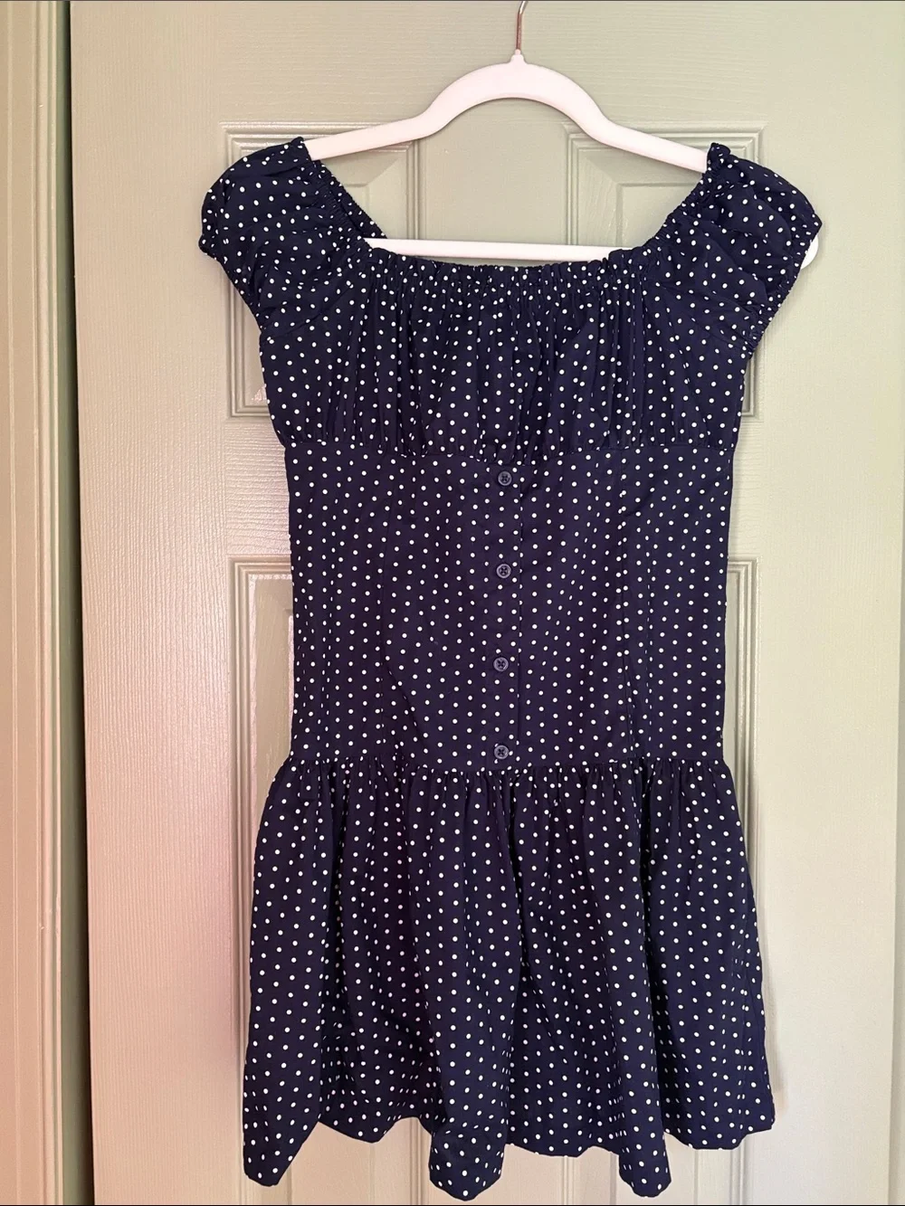 GAP Navy and White Polka Dot Off-Shoulder Casual Dress